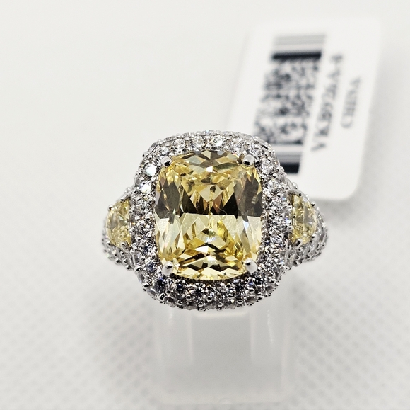 Glamorous Canary Sapphire & Diamond Simulant Ring Platinum Finish 925 Sz 7.5! - Picture 6 of 12